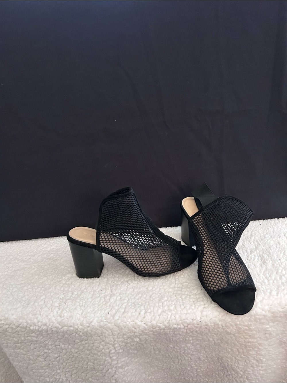 Black Mesh Peep-Toe Block Heel Sandals - Women